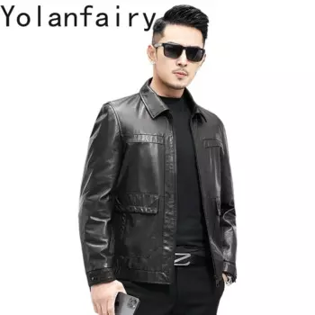Новая мотоциклетная куртка YOLANFAIRY из натуральной воловьей кожи, мужские повседневные куртки, черное пальто с отложным воротником, мужская куртка
