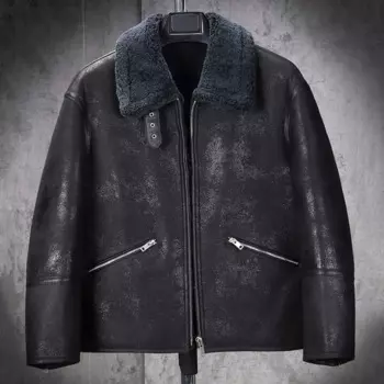 Новая мужская черная дубленка, короткое меховое пальто, пальто из овчины с лацканами, Мужская охотничья кожаная куртка, зимние пальто