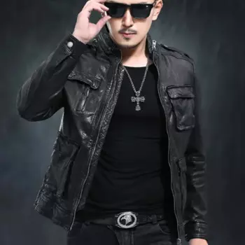 Новая мужская мотоциклетная кожаная куртка из овечьей кожи, Черная Мужская натуральная куртка, пальто