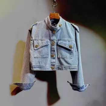 Новая Осенняя джинсовая куртка в стиле ретро для девочек, распылитель, белый, состаренный, с надписью на спине, вырезанная джинсовая куртка с воротником-стойкой
