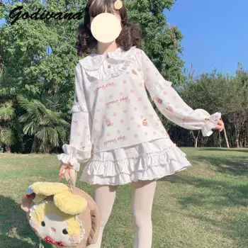 Новая осенняя милая милая вышивка кролика для девочек, кукольный воротник, внутренняя рубашка Лолиты, женские топы с длинными рукавами в стиле каваи, футболки