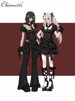 Новая осенняя одежда, асимметричный дизайн, черный костюм японской субкультуры, Милая Тонкая футболка для девочек, брюки, женская одежда