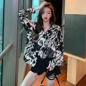 Новая ретро-рубашка в гонконгском стиле для женщин, свободная Черно-белая шифоновая рубашка с длинными рукавами и принтом