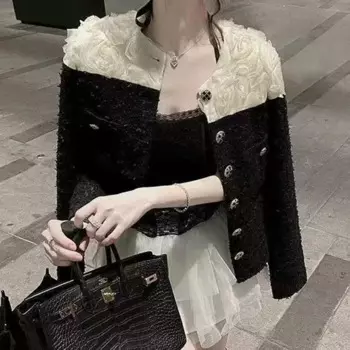 Новая роскошная осенняя 3D сетка с розовым цветочным принтом в стиле пэчворк, твидовая короткая куртка, топы, модное женское однобортное шерстяное пальто с карманами и круглым вырезом