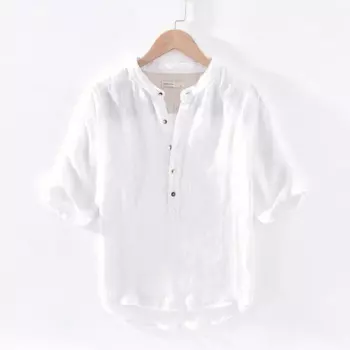 Новая стильная замшевая брендовая итальянская льняная рубашка, мужская повседневная белая рубашка в полоску с воротником-стойкой, мужская летняя рубашка