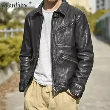 Новая Винтажная мужская кожаная куртка, Мужское пальто из овчины растительного дубления, мужская приталенная куртка с лацканами из натуральной кожи Abrigos FCY