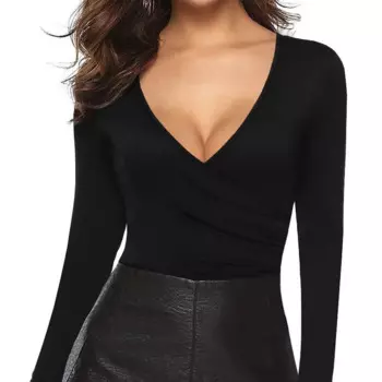 Новая женская футболка с длинными рукавами и глубоким V-образным вырезом, сексуальная футболка с поясом и плиссированным верхом