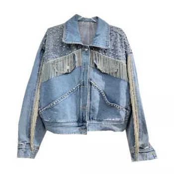 Новая женская модная джинсовая куртка с бахромой и бисером, свободная Тяжелая промышленная Шипованная джинсовая куртка