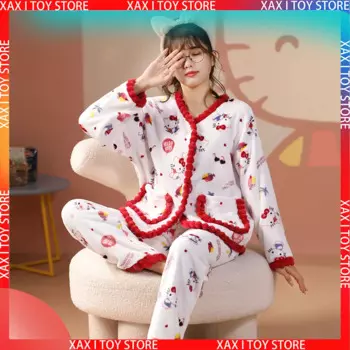 Новая женская пижама на осень и зиму с мультяшным рисунком Hello Kitty из кораллового бархата с бархатной подкладкой теплый костюм для домашнего сервиса