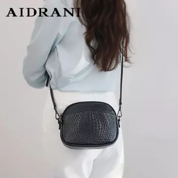 Новая женская сумка через плечо Aidrani из воловьей кожи, черная круглая сумка с тканевой текстурой