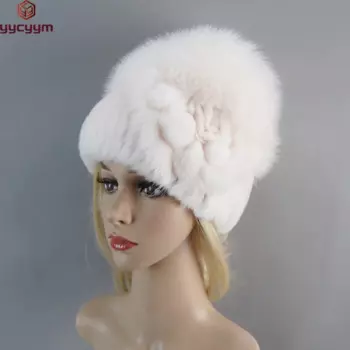 Новая зимняя шапка женская из меха кролика рекс теплая вязаная ручная работа с цветочным принтом лисы элегантная стильная женская холодная шапка меховая шапка из натурального меха