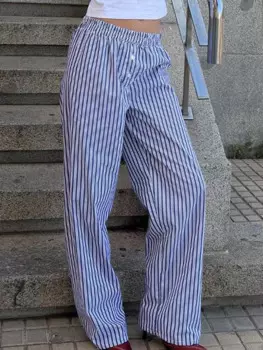 Новейшие женские повседневные Прямые брюки с эластичным поясом, брюки в клетку/полоску с принтом, повседневные брюки с карманами