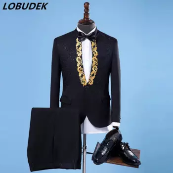 Новейший мужской тонкий костюм, костюмы с мигающими кристаллами и бриллиантами, блейзеры, брюки, комплекты для ночного клуба, певицы, сценический наряд, костюмы хозяев