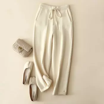 Новинка 100%, модные кашемировые вязаные брюки, женские зимние теплые эластичные брюки с высокой талией и карманами