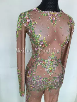 Новинка 2018, боди телесного цвета со стразами, одежда для ночного клуба, Комбинезоны для танцев, боди с длинными рукавами, костюм, женская праздничная одежда