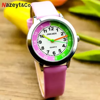 Новинка 2019, Детские Кварцевые часы с розовым и зеленым циферблатом и мультипликационным рисунком для маленьких студентов, высококачественные простые дизайнерские часы с кожаным ремешком, ча