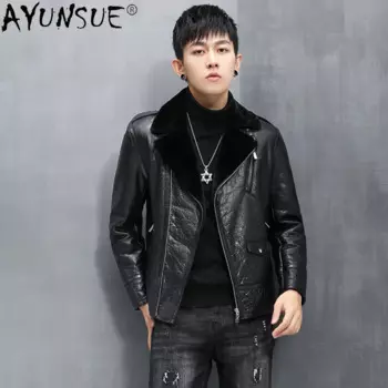 Новинка 2021, мужская зимняя куртка из натурального меха, теплая облегающая короткая мотоциклетная куртка, Женская одежда из натуральной овечьей кожи WPY4377