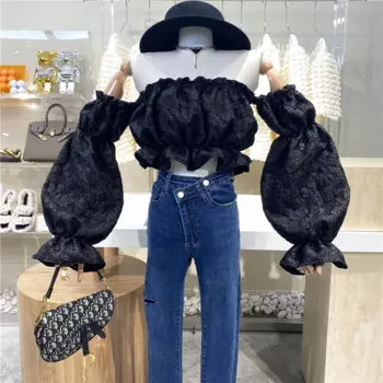 Новинка 2021, топ с открытыми плечами и рукавами-фонариками, изысканный жаккардовый облегающий топ с открытым пупком, милая блузка в иностранном стиле