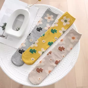 Новинка 2021, весенне-летние носки-футляры, женские сетчатые хлопковые Дышащие длинные носки с цветочным улыбающимся лицом, детские носки