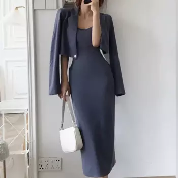 Новинка 2022, Модный женский костюм с отложным воротником, куртка для офиса, женское винтажное элегантное комбинированное лаконичное длинное платье, комплекты в Корейском стиле