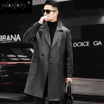 Новинка 2022, Трендовое Мужское пальто из 100% натуральной овчины, длинный тонкий костюм с воротником, натаральное кожаное пальто, деловая повседневная куртка из чистой кожи