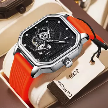 Новинка 2023, квадратные автоматические механические часы с силиконовым ремешком, высококачественные водонепроницаемые Модные мужские часы с коробкой, мужские часы