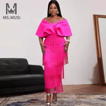 Новинка 2023, модное дизайнерское женское сексуальное платье MSMUSI с открытыми плечами, бантом и кисточками, облегающее платье-макси с коротким рукавом, длинное платье