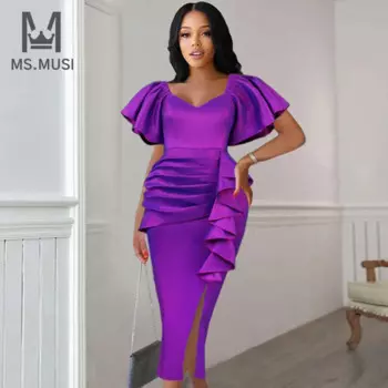 Новинка 2023, модное женское сексуальное облегающее платье-миди с коротким рукавом и разрезом