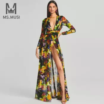 Новинка 2023, модное женское сексуальное платье MSMUSI с V-образным вырезом и цветочным принтом, кружевное Сетчатое облегающее Платье макси с длинным рукавом, длинное платье