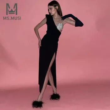 Новинка 2023, модное женское сексуальное платье MSMUSI на одно плечо, облегающее платье-макси с кристаллами и разрезом, длинное платье без перчаток