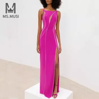 Новинка 2023, модное женское сексуальное платье MSMUSI без рукавов, облегающее Платье макси с разрезом и кристаллами, длинное платье
