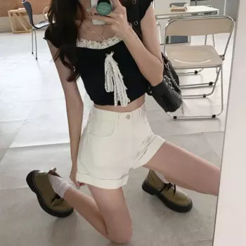 Новинка 2023, модные женские джинсовые шорты в стиле ретро, женские универсальные простые облегающие брюки с высокой талией