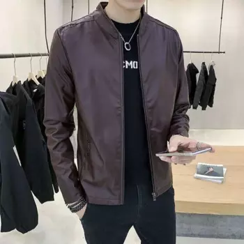 Новинка 2023, Мужская Модная приталенная кожаная куртка с воротником-стойкой, молодежная универсальная модная мотоциклетная одежда, куртка большого размера из искусственной кожи