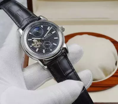 Новинка 2023, Мужские автоматические механические часы, розовые, золотые, из нержавеющей стали, черные, с кожаным ремешком, наручные часы Tourbillion MoonPhase