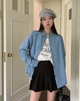 Новинка 2023, осенняя простая модная подходящая ко всему винтажная Свободная Женская джинсовая рубашка с длинным рукавом Z049