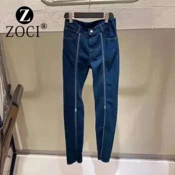 Новинка 2023, повседневные брюки ZOCI на молнии, синие облегающие прямые джинсы с высокой талией