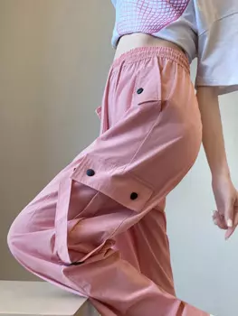 Новинка 2023, штаны-карго, тонкие розовые брюки, мешковатые женские модные прямые повседневные брюки с боковым карманом и высокой талией, брюки на завязках