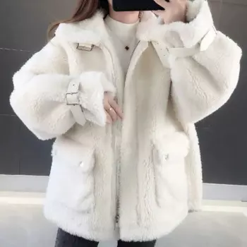 Новинка 2023, Шуба на осень и зиму, шуба из искусственной овечьей шерсти с меховой прострочкой, Женская свободная Толстая куртка, модная женская верхняя одежда, пальто