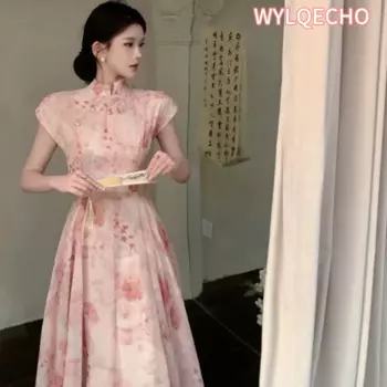 Новинка 2023, улучшенное платье Ципао в китайском стиле, летнее Новое Женское платье во французском стиле с поясом, розовое Повседневное платье Ципао
