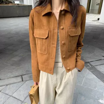 Новинка 2023, Женская рабочая одежда из натуральной овечьей кожи, повседневная детская замшевая куртка из шкуры ягненка E46