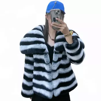Новинка 2023, женская зимняя куртка, 100% пальто из натурального меха кролика Рекс, Женская куртка в полоску из Шиншиллы, меховые пальто