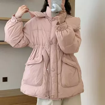 Новинка 2023, женский пуховик, зимнее пальто, женская парка средней длины, свободная теплая толстая верхняя одежда, однотонное пальто с капюшоном