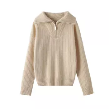 Новинка 2023, Женский утепленный свитер из 100% чистого кашемира на молнии, Свободный пуловер для ленивых, вязаный облегающий свитер с воротником-поло