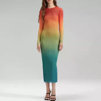 Новинка 2023, женское облегающее платье-миди с градиентом, модное сексуальное длинное платье с круглым вырезом и длинным рукавом