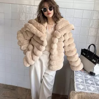Новинка 2023, Зимняя Толстая теплая куртка из искусственного меха, однотонная женская куртка с широким воротником и длинным рукавом, пушистая Роскошная Уютная куртка из искусственного кроличьего меха