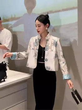 Новинка 2024, блузка в китайском стиле, модное женское пальто с вышивкой в китайском стиле, Осенние Синие женские повседневные Костюмы, рубашка