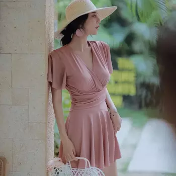 Новинка 2024, Цельный купальник с коротким рукавом в Корейском стиле, Женский однотонный купальник, юбка, монокини, купальный костюм с пуш-ап и оборками