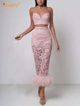 Новинка 2024, черный, розовый женский сексуальный короткий топ без рукавов + кружевная юбка с перьями, бандажный комплект, элегантный вечерний Женский комплект