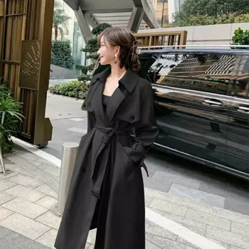 Новинка 2024, длинный тренчкот в британском стиле, женская одежда, корейский двубортный ветрозащитный костюм на весну и осень, цвета хаки, черный