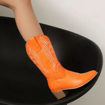 Новинка 2024 года, кожаные сапоги до середины икры в стиле вестерн, женские рыцарские сапоги с квадратным носком и вышивкой, осенне-зимние ботильоны на блочном каблуке, женские 43